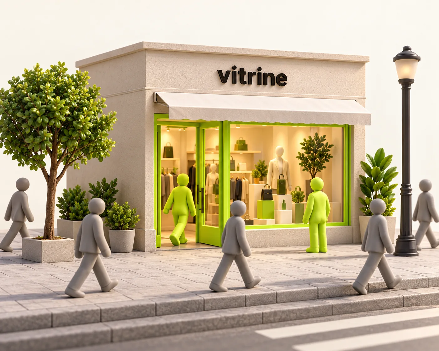 Ilustración 3D de una tienda con figuras anónimas que pasan, se detienen y entran.